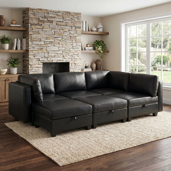 English Elm Flexible Six Seat Pu Leather Modular Sofa with Under Storage and Sleeper Function Black W680S00194