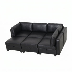 English Elm Flexible Six Seat Pu Leather Modular Sofa with Under Storage and Sleeper Function Black W680S00194