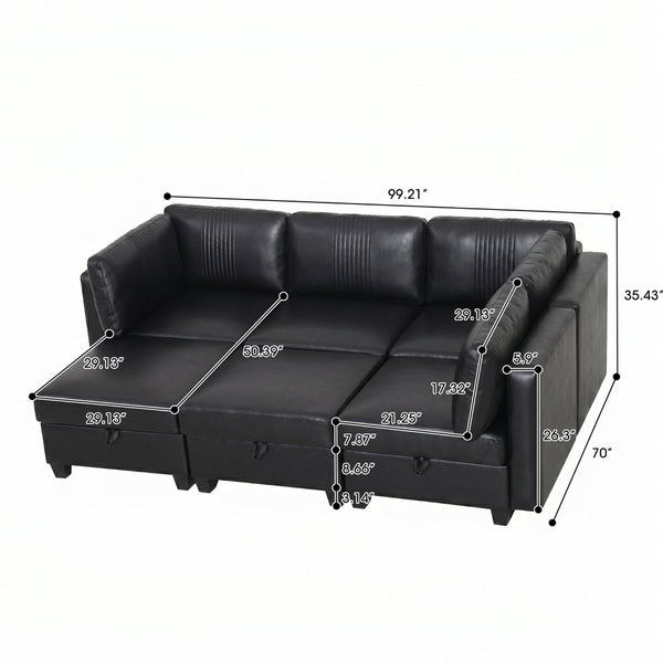 English Elm Flexible Six Seat Pu Leather Modular Sofa with Under Storage and Sleeper Function Black W680S00194