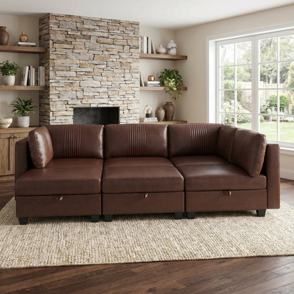 English Elm Flexible Six Seat Pu Leather Modular Sofa with Under Storage and Sleeper Function Dark Brown W680S00195