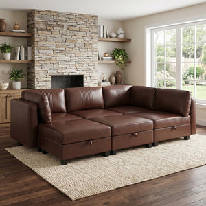 English Elm Flexible Six Seat Pu Leather Modular Sofa with Under Storage and Sleeper Function Dark Brown W680S00195