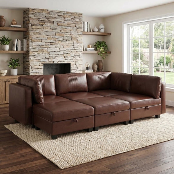 English Elm Flexible Six Seat Pu Leather Modular Sofa with Under Storage and Sleeper Function Dark Brown W680S00195