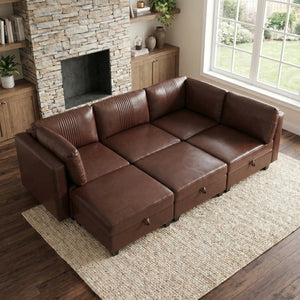 English Elm Flexible Six Seat Pu Leather Modular Sofa with Under Storage and Sleeper Function Dark Brown W680S00195