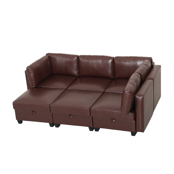 English Elm Flexible Six Seat Pu Leather Modular Sofa with Under Storage and Sleeper Function Dark Brown W680S00195
