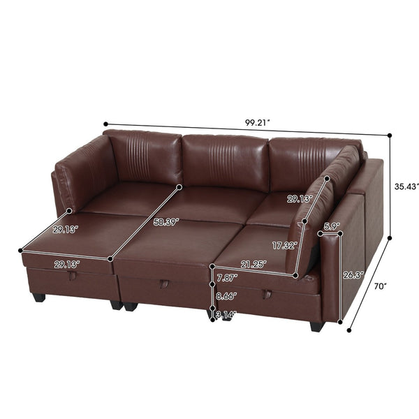 English Elm Flexible Six Seat Pu Leather Modular Sofa with Under Storage and Sleeper Function Dark Brown W680S00195