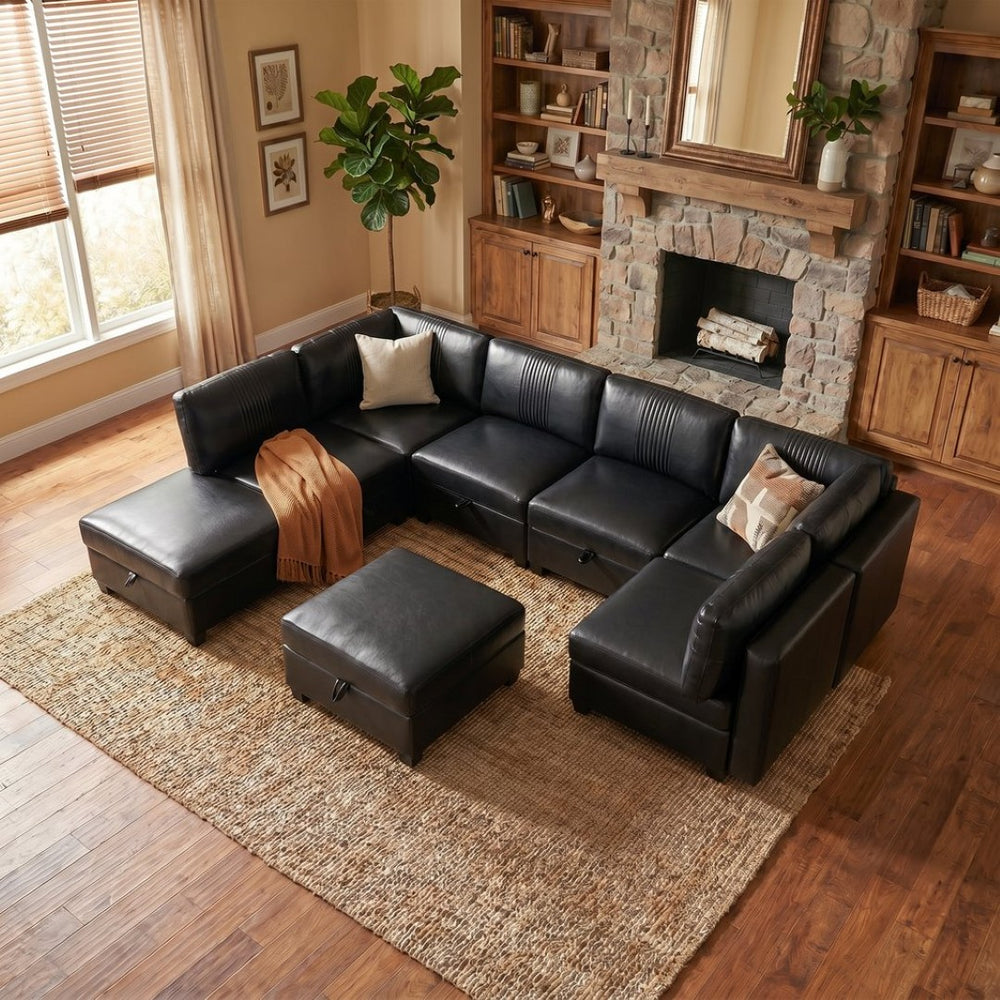 English Elm Flexible 8 Seat Pu Modular Sofa with Under Cushion Storage and Sleeper Living Room Black W680S00196