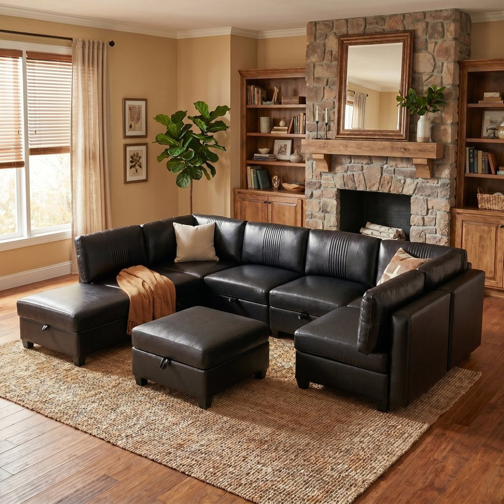 English Elm Flexible 8 Seat Pu Modular Sofa with Under Cushion Storage and Sleeper Living Room Black W680S00196