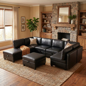 English Elm Flexible 8 Seat Pu Modular Sofa with Under Cushion Storage and Sleeper Living Room Black W680S00196