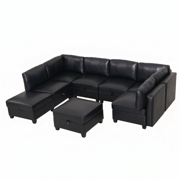 English Elm Flexible 8 Seat Pu Modular Sofa with Under Cushion Storage and Sleeper Living Room Black W680S00196