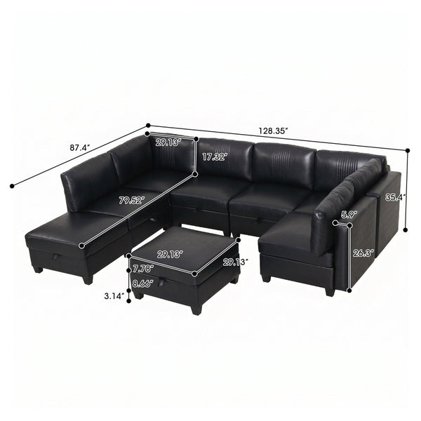 English Elm Flexible 8 Seat Pu Modular Sofa with Under Cushion Storage and Sleeper Living Room Black W680S00196
