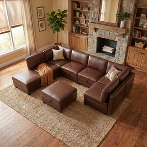 English Elm Flexible 8 Seat Pu Modular Sofa with Under Cushion Storage and Sleeper Living Room Dark Brown W680S00197
