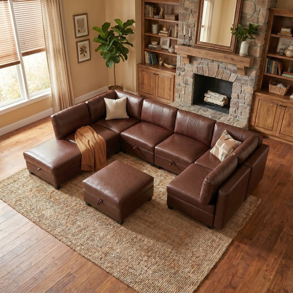English Elm Flexible 8 Seat Pu Modular Sofa with Under Cushion Storage and Sleeper Living Room Dark Brown W680S00197