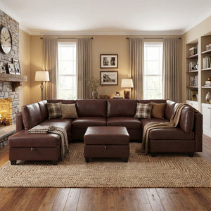 English Elm Flexible 8 Seat Pu Modular Sofa with Under Cushion Storage and Sleeper Living Room Dark Brown W680S00197