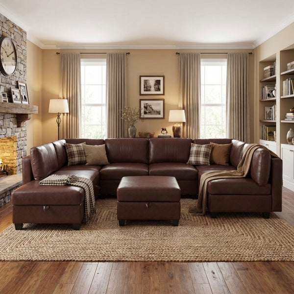 English Elm Flexible 8 Seat Pu Modular Sofa with Under Cushion Storage and Sleeper Living Room Dark Brown W680S00197