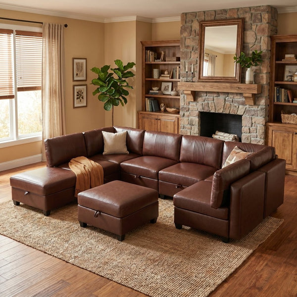 English Elm Flexible 8 Seat Pu Modular Sofa with Under Cushion Storage and Sleeper Living Room Dark Brown W680S00197