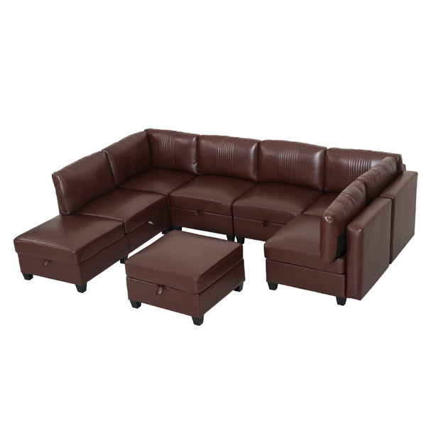 English Elm Flexible 8 Seat Pu Modular Sofa with Under Cushion Storage and Sleeper Living Room Dark Brown W680S00197
