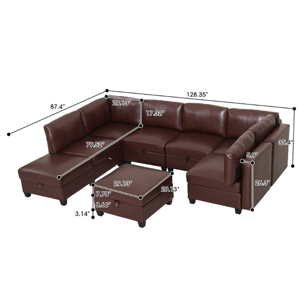 English Elm Flexible 8 Seat Pu Modular Sofa with Under Cushion Storage and Sleeper Living Room Dark Brown W680S00197