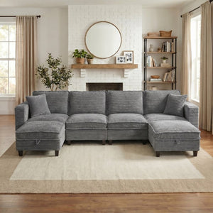 English Elm Modular Corduroy Sectional Sofa with Built-in Storage for Living Room Lounging Gray W680S00198