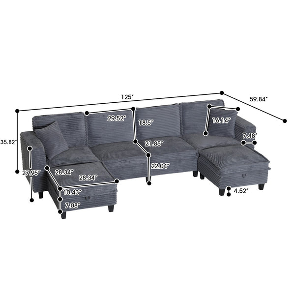 English Elm Modular Corduroy Sectional Sofa with Built-in Storage for Living Room Lounging Gray W680S00198