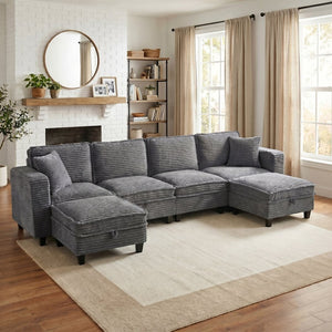 English Elm Modular Corduroy Sectional Sofa with Built-in Storage for Living Room Lounging Gray W680S00198