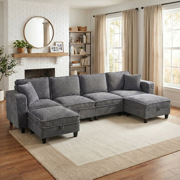 English Elm Modular Corduroy Sectional Sofa with Built-in Storage for Living Room Lounging Gray W680S00198