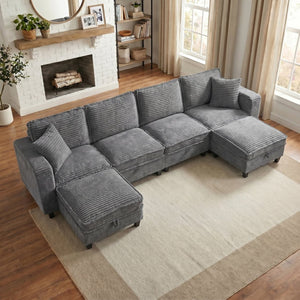 English Elm Modular Corduroy Sectional Sofa with Built-in Storage for Living Room Lounging Gray W680S00198