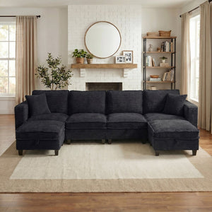 English Elm Modular Corduroy Sectional Sofa with Built-in Storage for Living Room Lounging Black W680S00199