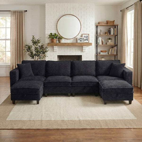 English Elm Modular Corduroy Sectional Sofa with Built-in Storage for Living Room Lounging Black W680S00199