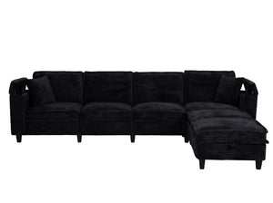 English Elm Modular Corduroy Sectional Sofa with Built-in Storage for Living Room Lounging Black W680S00199