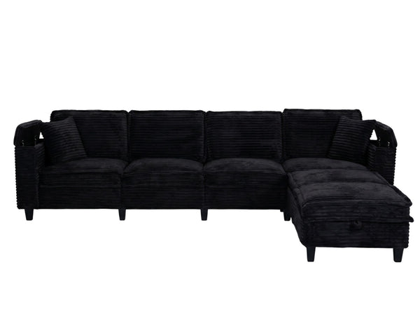 English Elm Modular Corduroy Sectional Sofa with Built-in Storage for Living Room Lounging Black W680S00199