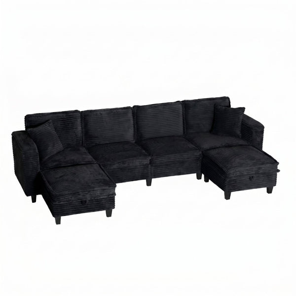 English Elm Modular Corduroy Sectional Sofa with Built-in Storage for Living Room Lounging Black W680S00199