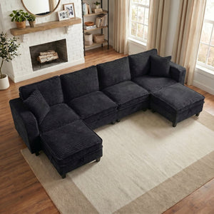 English Elm Modular Corduroy Sectional Sofa with Built-in Storage for Living Room Lounging Black W680S00199