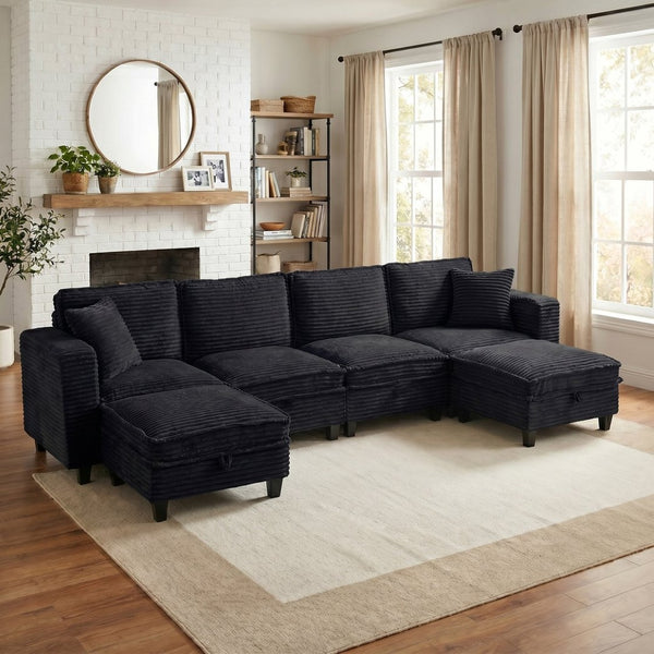 English Elm Modular Corduroy Sectional Sofa with Built-in Storage for Living Room Lounging Black W680S00199