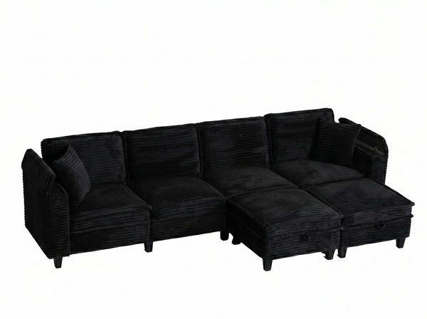 English Elm Modular Corduroy Sectional Sofa with Built-in Storage for Living Room Lounging Black W680S00199