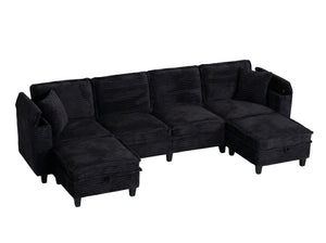 English Elm Modular Corduroy Sectional Sofa with Built-in Storage for Living Room Lounging Black W680S00199