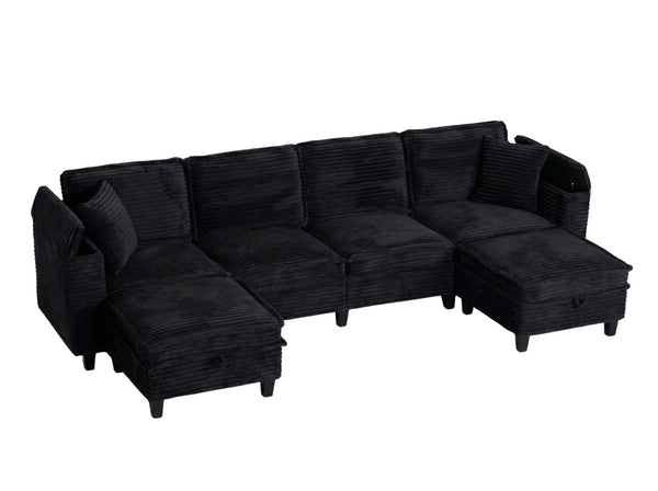 English Elm Modular Corduroy Sectional Sofa with Built-in Storage for Living Room Lounging Black W680S00199
