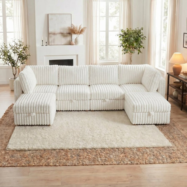 English Elm Armless Modular Sectional Sofa Six Piece Fabric Set with Storage and Sleeper for Living Room Beige W680S00203