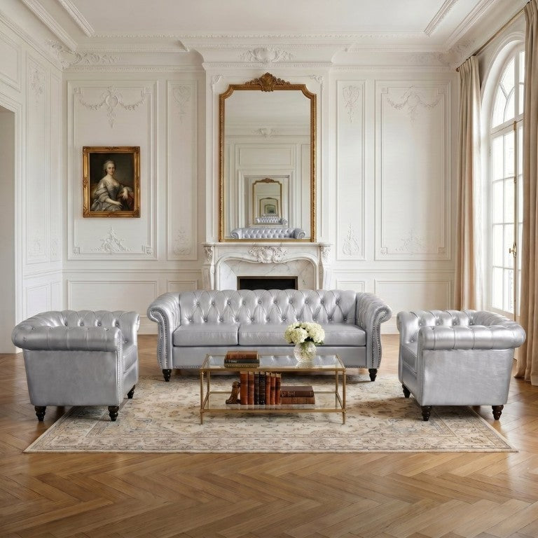 English Elm 3 Piece PU Leather Tufted Sofa Set with Birch Legs for Modern Living Rooms W680S00210