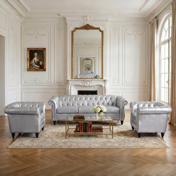 English Elm 3 Piece PU Leather Tufted Sofa Set with Birch Legs for Modern Living Rooms W680S00210