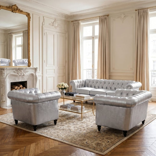 English Elm 3 Piece PU Leather Tufted Sofa Set with Birch Legs for Modern Living Rooms W680S00210