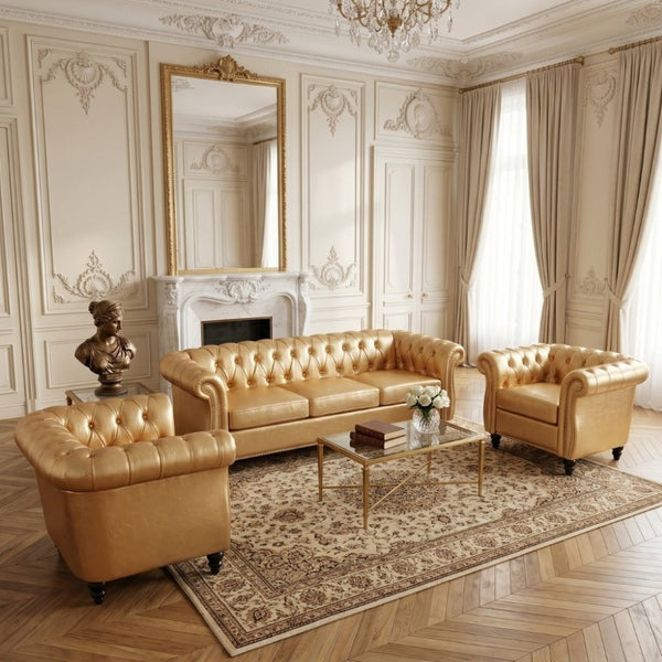 English Elm 3 Piece Tufted PU Leather Sofa Set with Birch Legs for Contemporary Spaces W680S00211