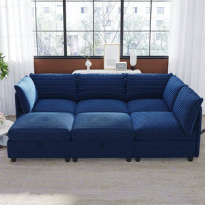 English Elm Modular Six Seat Sectional Sofa with Hidden Storage and Breathable Fabric Upholstery Blue W680S00216