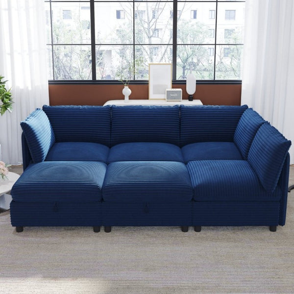 English Elm Modular Six Seat Sectional Sofa with Hidden Storage and Breathable Fabric Upholstery Blue W680S00216