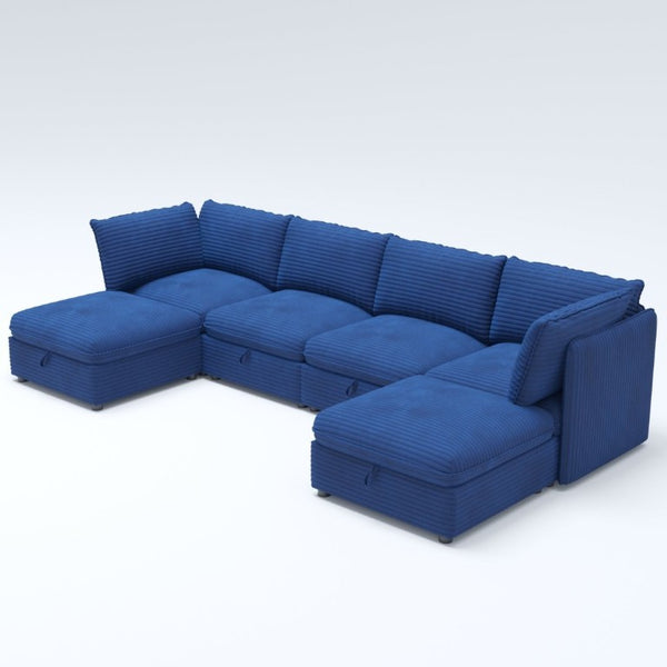 English Elm Modular Six Seat Sectional Sofa with Hidden Storage and Breathable Fabric Upholstery Blue W680S00216