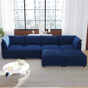 English Elm Modular Six Seat Sectional Sofa with Hidden Storage and Breathable Fabric Upholstery Blue W680S00216