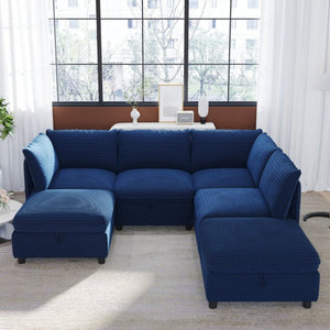 English Elm Modular Six Seat Sectional Sofa with Hidden Storage and Breathable Fabric Upholstery Blue W680S00216