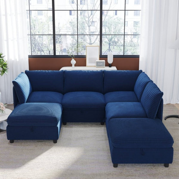 English Elm Modular Six Seat Sectional Sofa with Hidden Storage and Breathable Fabric Upholstery Blue W680S00216