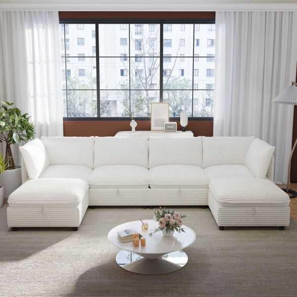 English Elm Modular Six Seat Sectional Sofa with Hidden Storage and Breathable Fabric Upholstery White W680S00217