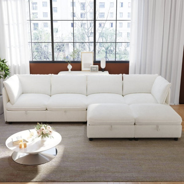 English Elm Modular Six Seat Sectional Sofa with Hidden Storage and Breathable Fabric Upholstery White W680S00217