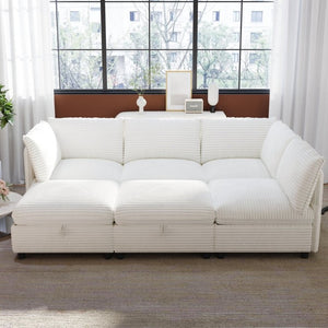 English Elm Modular Six Seat Sectional Sofa with Hidden Storage and Breathable Fabric Upholstery White W680S00217